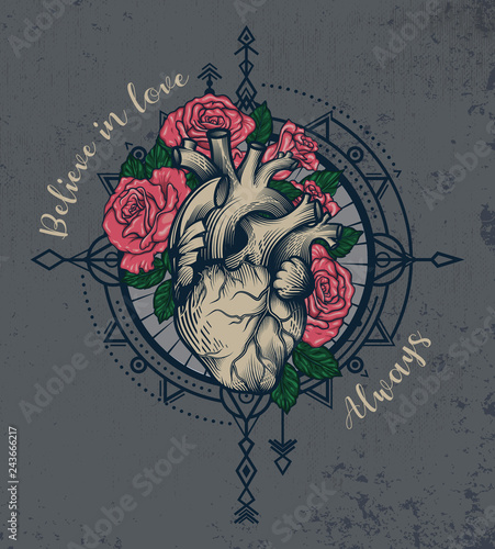 "Believe in love. Always" quote poster. Human heart in engraving technique with blooming roses, stag horns, wind rose on grunge background. Tattoo, tee shirt print design. Vector illustration.