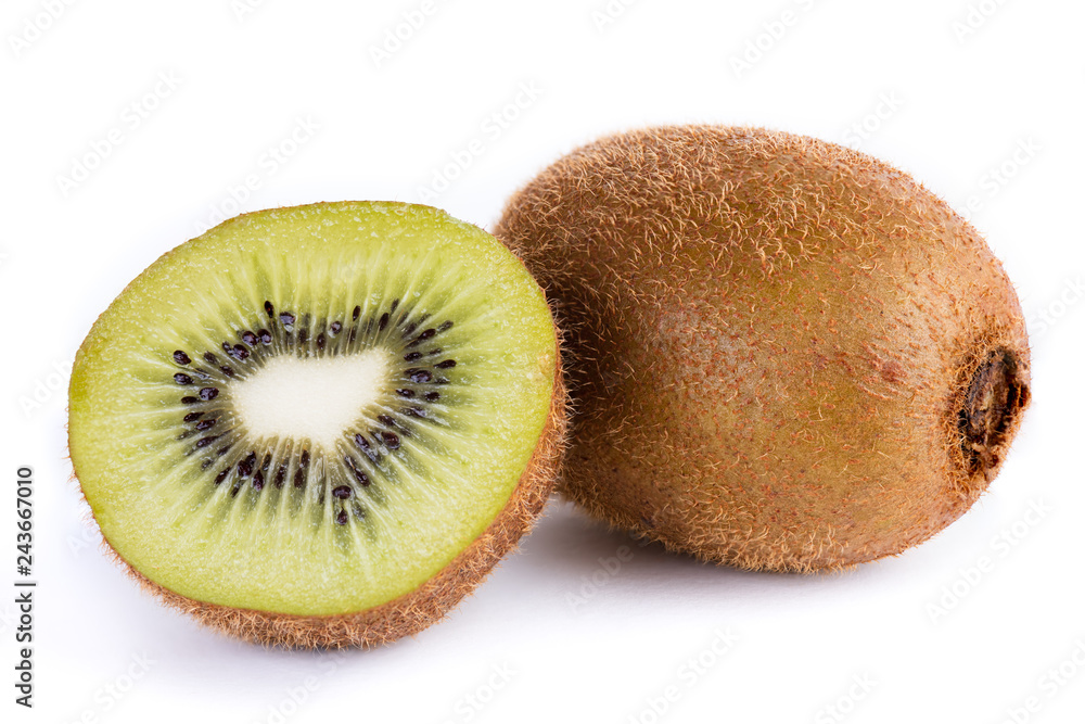 Kiwi fruit whole and half on white background. Kiwi fruit whole and half on white background.