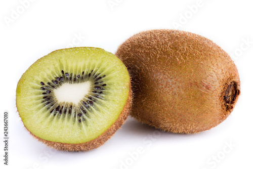Kiwi fruit whole and half on white background.