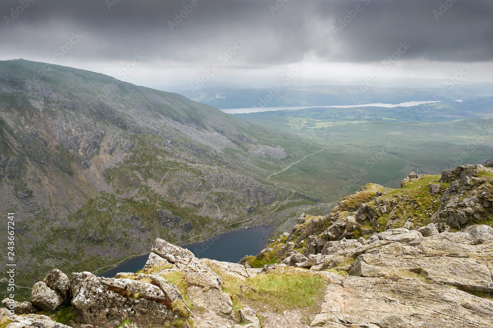 Views from the summit of Dow Crag towards the Old Man of Coniston and Coniston Water in the English Lake District.