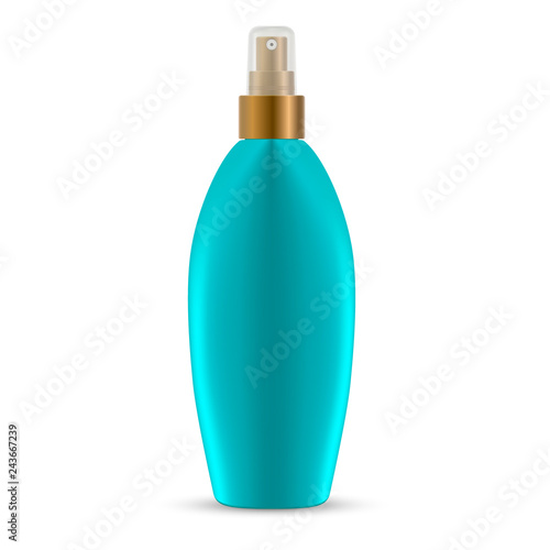 Aerosol Spray Turquoise Bottle. Sunscreen Protection Oil Sprayer. Sea Vitamin Body Moisture Essence. Realistic Oval Package for Solar Protection Product. Hair Care Product 3d Container.