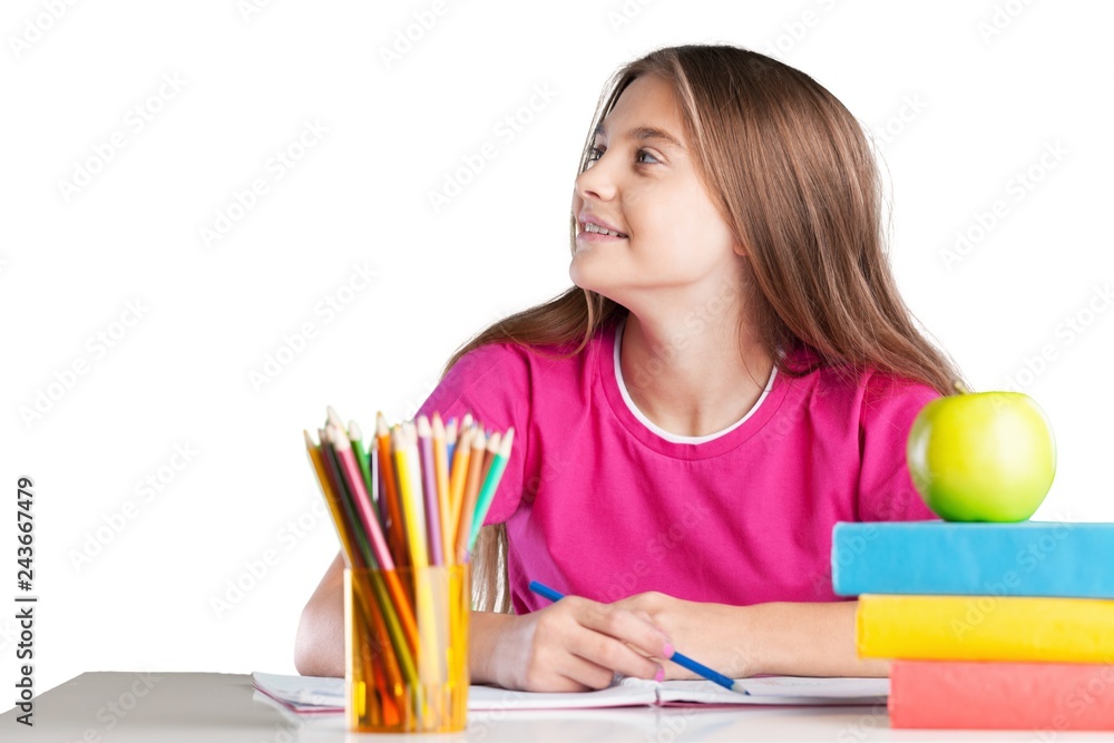 Young Girl Drawing with Apple on Desk Young Girl Drawing with Apple on Desk