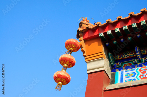 Lanterns and eaves in a temple