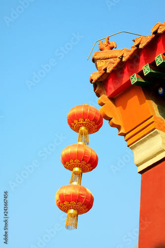 Lanterns and eaves in a temple