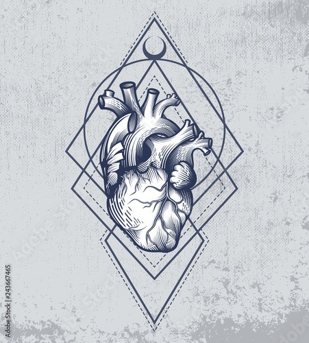 Human heart in engraving technique with sacred geometry on grunge background. Anatomically correct hand drawn line art. Tattoo, tee shirt print design. Vector illustration.
