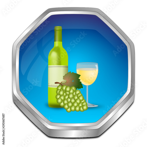 Button with wine bottle, a glass of wine and Grapes - 3D illustration
