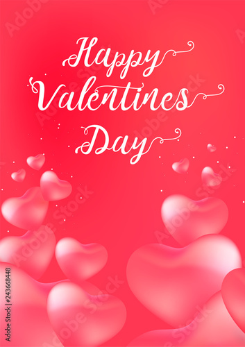 Happy Valentine's Day card with calligraphy text and red baloon hearts. Vector illustration