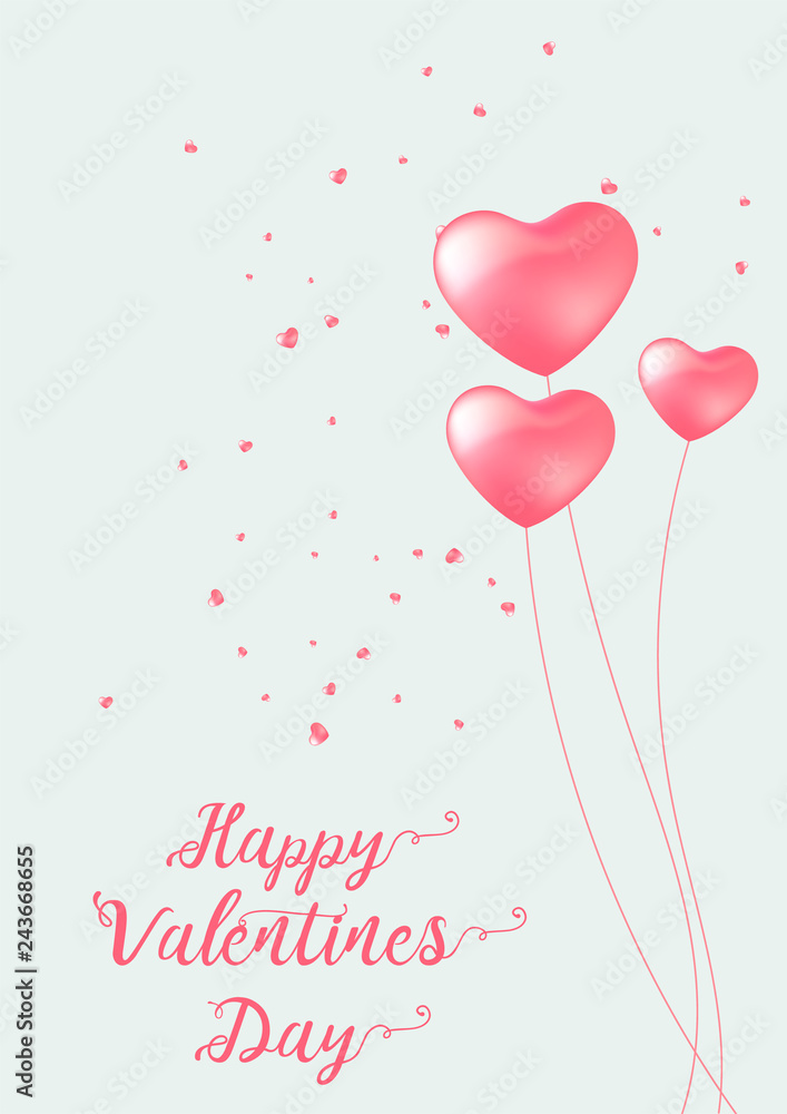 Happy Valentine's Day card with calligraphy text and red baloon hearts. Vector illustration