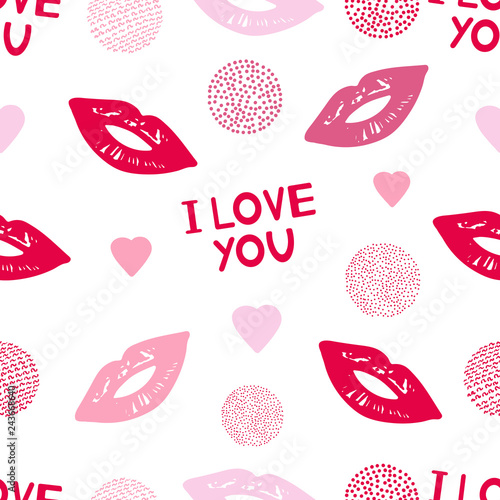Seamless pattern with colorful lips, circles, phrases I love you and hearts.