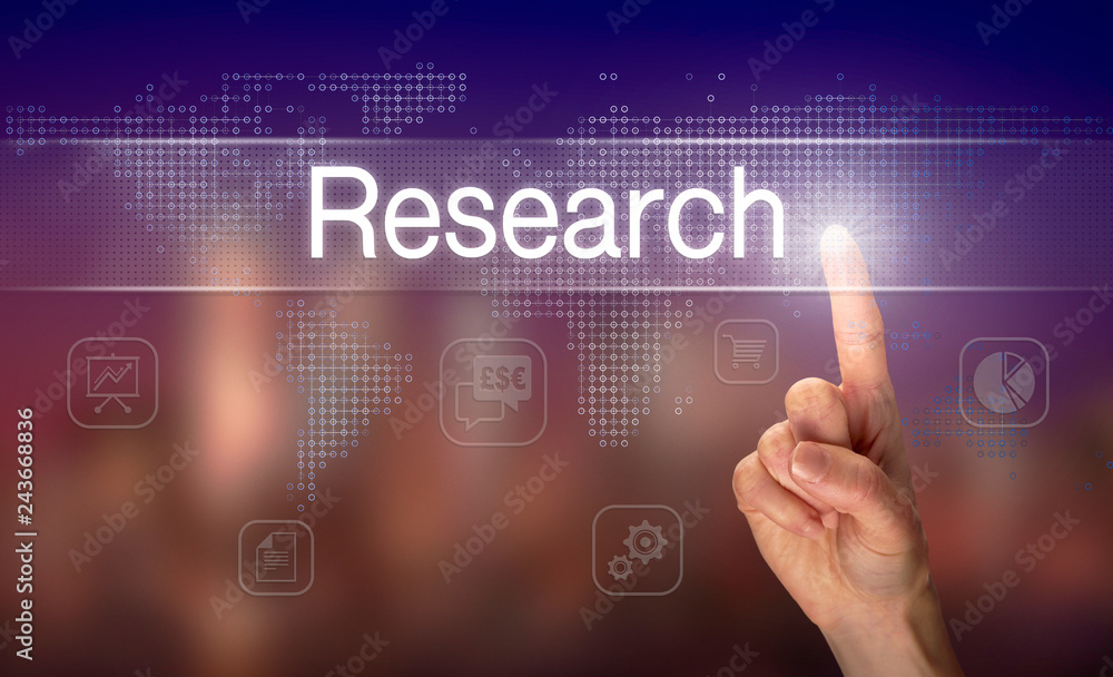 A hand selecting a Research business concept on a clear screen with a colorful blurred background. A hand selecting a Research business concept on a clear screen with a colorful blurred background.