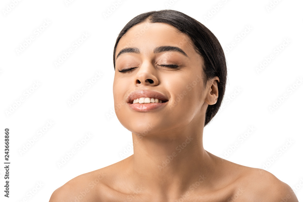 happy naked african american woman with closed eyes laughing isolated on white happy naked african american woman with closed eyes laughing isolated on white