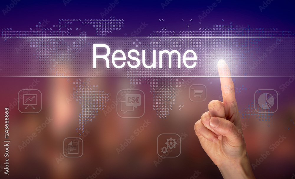 A hand selecting a Resume business concept on a clear screen with a colorful blurred background. A hand selecting a Resume business concept on a clear screen with a colorful blurred background.