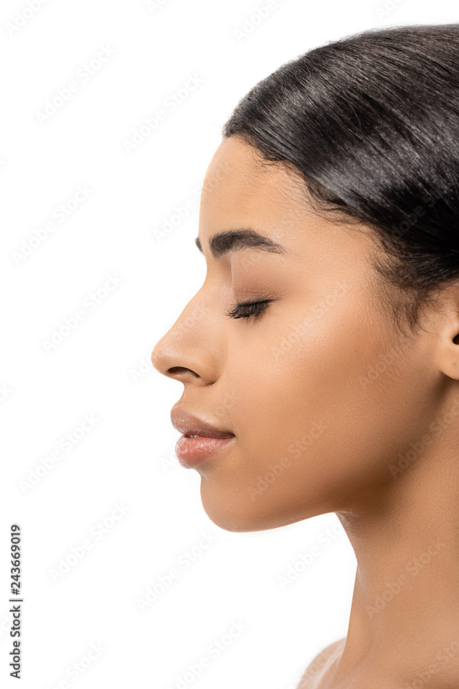 side view of beautiful young african american woman with closed eye isolated on white side view of beautiful young african american woman with closed eye isolated on white