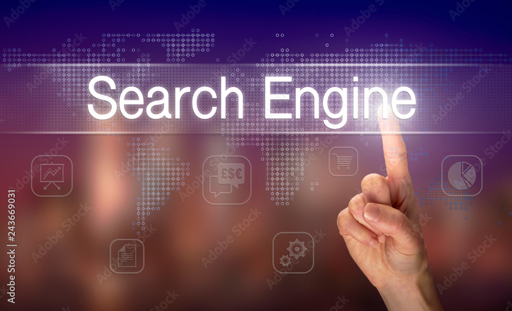 A hand selecting a Search Engine business concept on a clear screen with a colorful blurred background. A hand selecting a Search Engine business concept on a clear screen with a colorful blurred background.