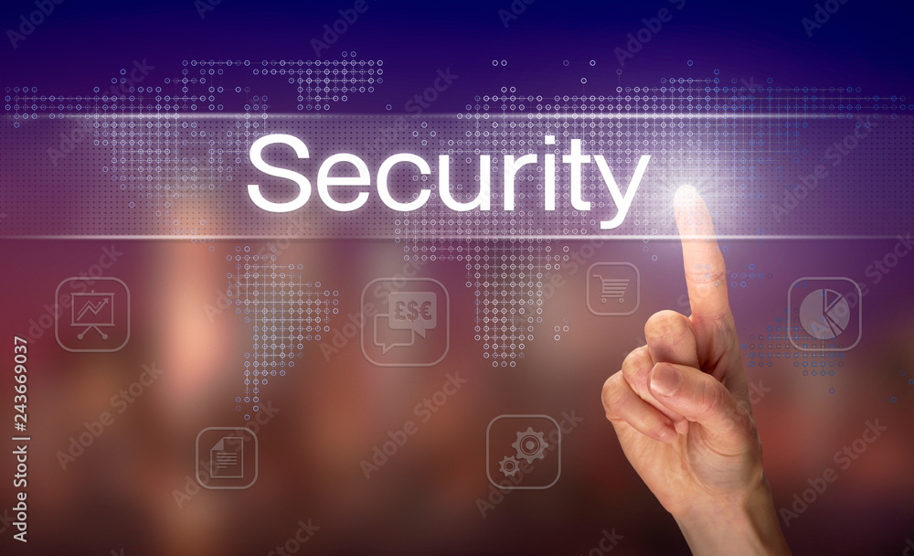 A hand selecting a Security business concept on a clear screen with a colorful blurred background. A hand selecting a Security business concept on a clear screen with a colorful blurred background.