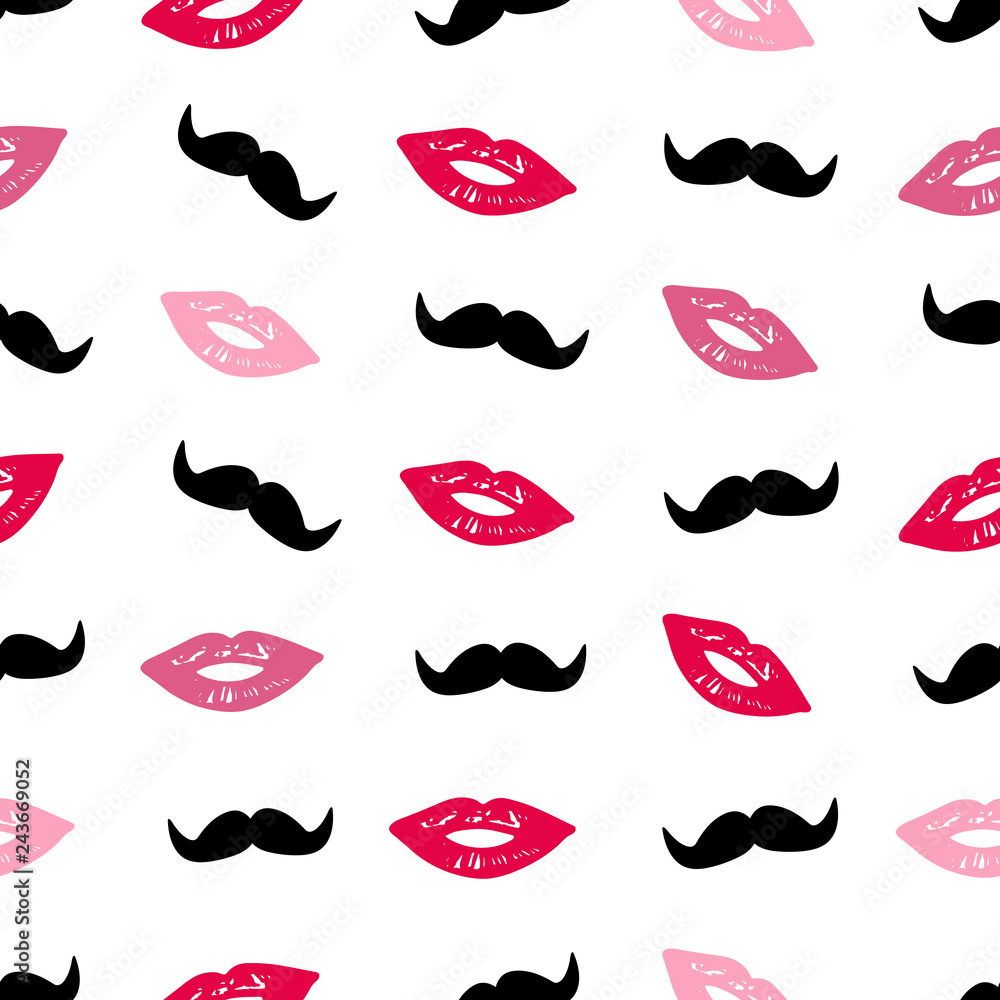 Seamless pattern with colorful lips and mustache. Seamless pattern with colorful lips and mustache.