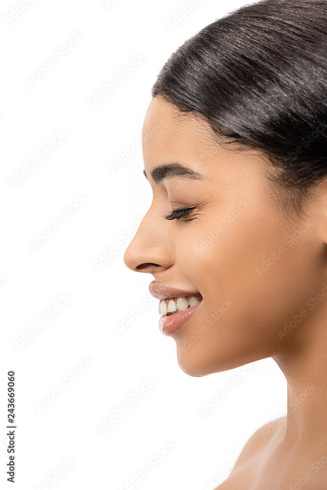 side view of beautiful smiling young african american woman with closed eye isolated on white side view of beautiful smiling young african american woman with closed eye isolated on white