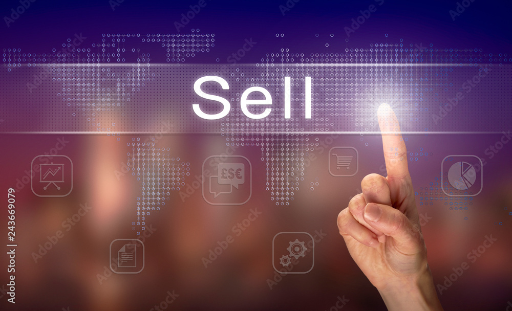 A hand selecting a Sell business concept on a clear screen with a colorful blurred background. A hand selecting a Sell business concept on a clear screen with a colorful blurred background.