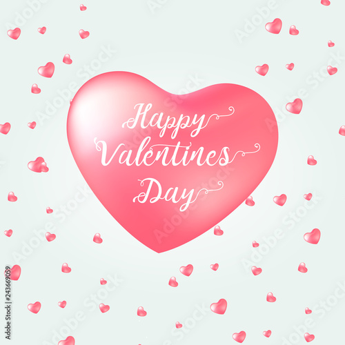 Happy Valentine's Day card with calligraphy text and red baloon hearts. Vector illustration