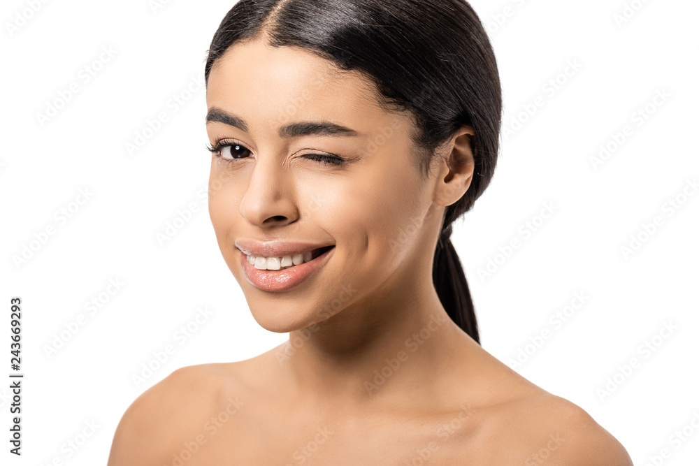 beautiful naked brunette african american girl winking at camera isolated on white beautiful naked brunette african american girl winking at camera isolated on white
