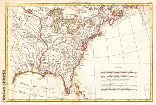 1776, Bonne Map of Louisiana and the British Colonies in North America, Rigobert Bonne 1727 – 1794, one of the most important cartographers of the late 18th century