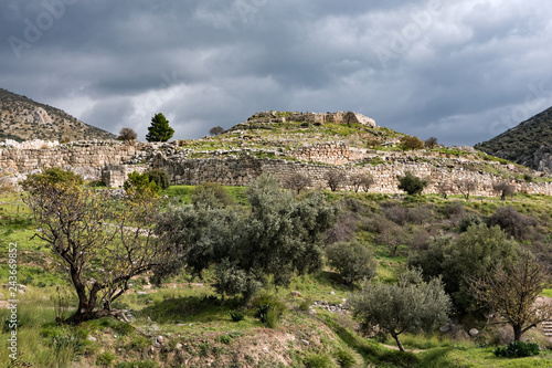 Panoramic view of the archaeological site of the Citadel of Mycenae in Peloponnese, Greece