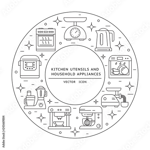 Kitchen appliances. linear icon set