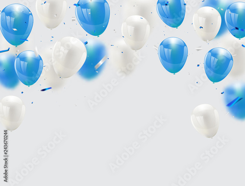 blue balloons, vector illustration. Confetti and ribbons, Celebration background