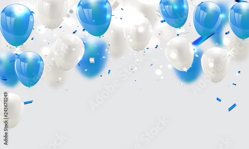 blue balloons, vector illustration. Confetti and ribbons, Celebration background