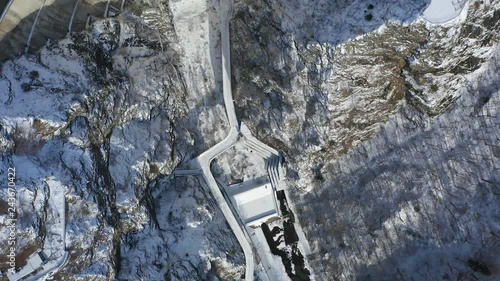  4K aerial footage with dam lake Vidraru in Romania during winter