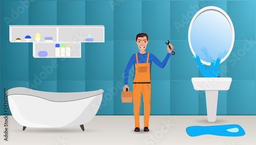 Master plumber in the bathroom repairs broken cram with splashes of water