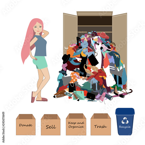 Vector Illustration with a a Woman and a Big Messy Pile of Useless, Old, Cheap, and Oumoded Cothes. Nothing to Wear, and Wardrobe Arrangement Concept.