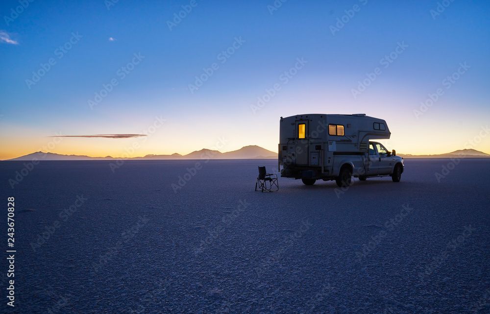 Bolivia, Salar de Uyuni, camper on salt lake at sunset Bolivia, Salar de Uyuni, camper on salt lake at sunset