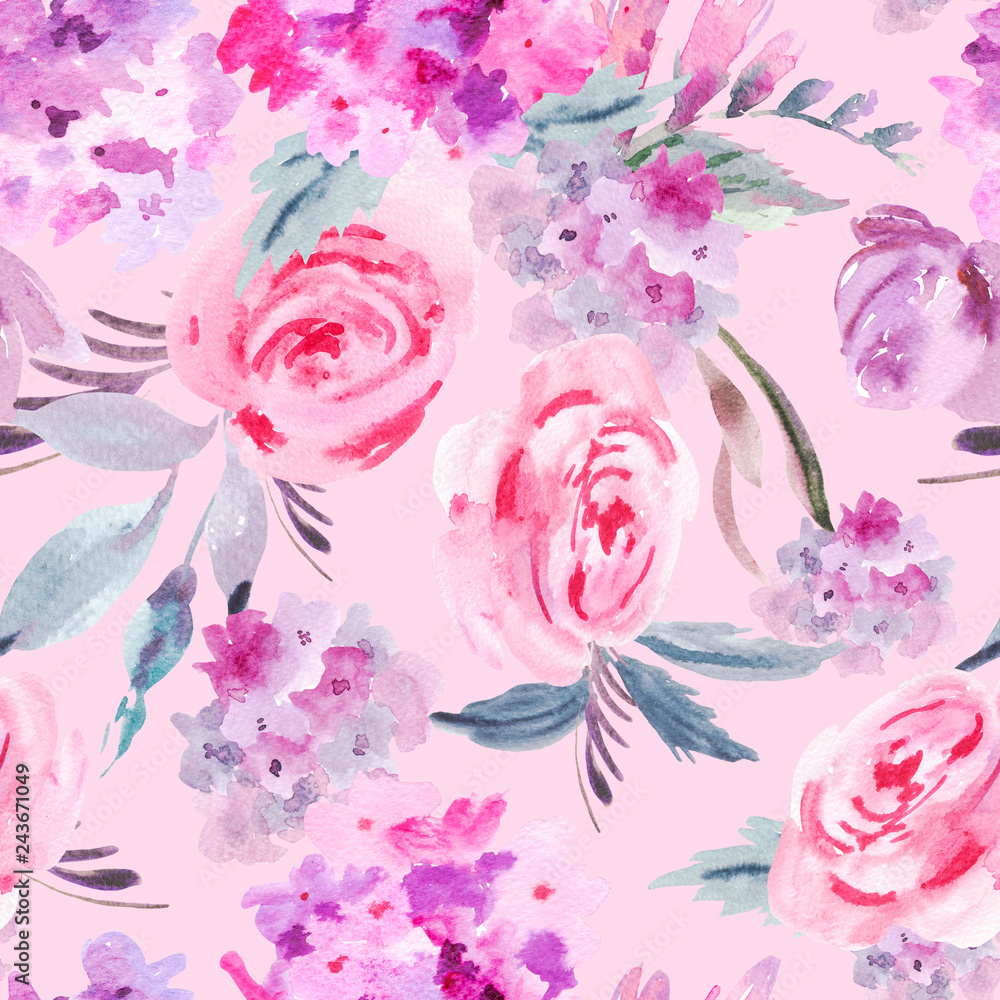 Watercolor floral seamless pattern with pink roses, hydrangea, leaves and buds