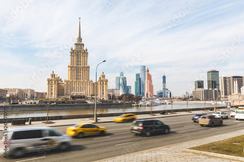 Russia, Moscow, View of the Hotel Ukraina and skyscrapers of the modern city in background photo