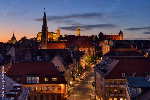 Skyline of Nuremberg at sunset, Bavaria, Middle Franconia, Germany