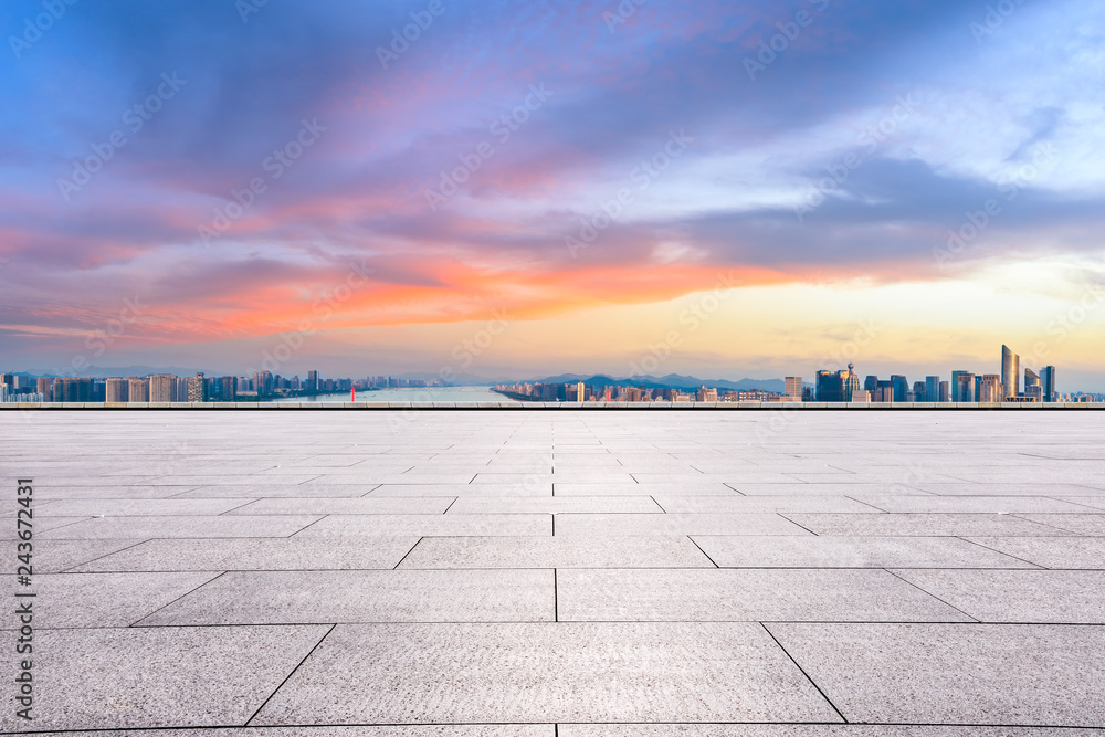 Empty floor and city skyline at sunrise in hangzhou,high angle view