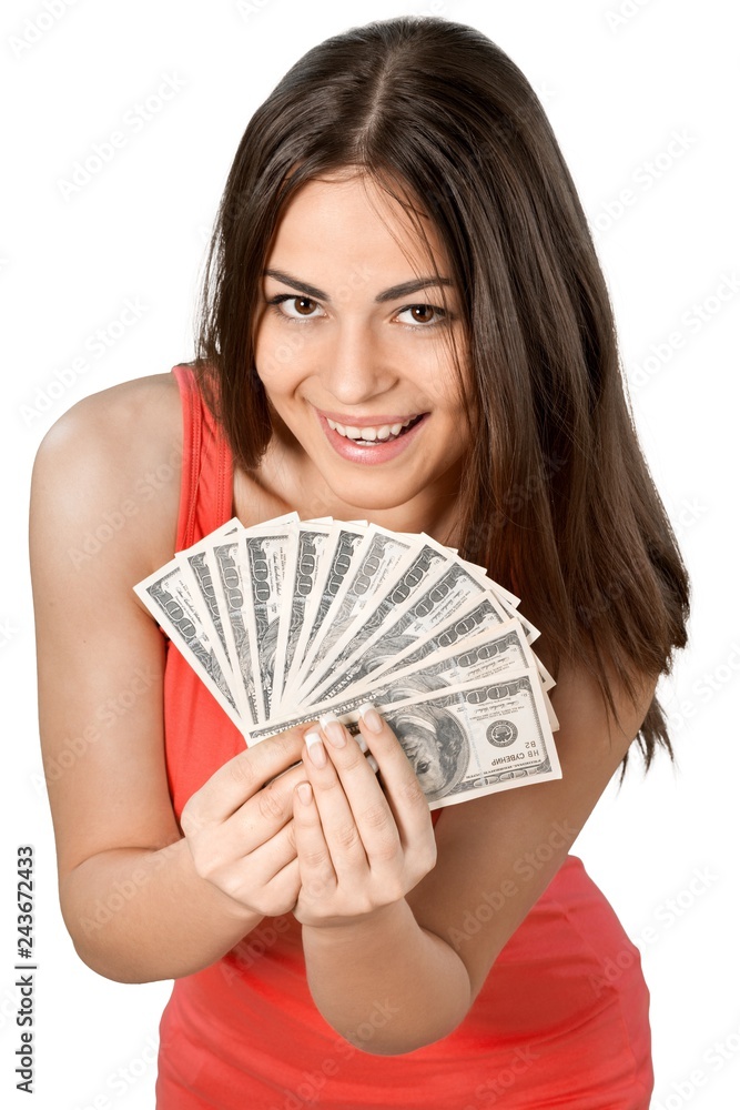 smiling woman holding a bunch of money smiling woman holding a bunch of money