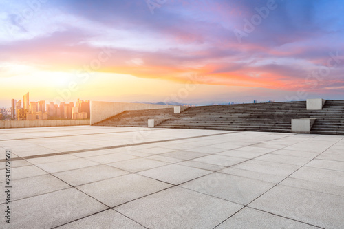 Empty floor and city skyline at sunrise in hangzhou high angle view