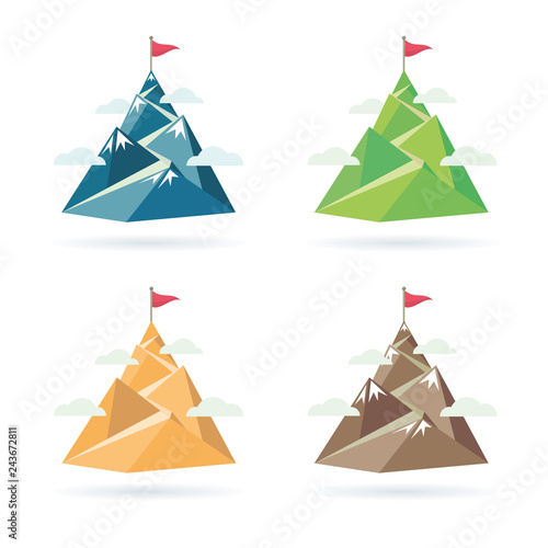 Set of flag on the mountain peak. Way to successful Business. Vector illustration