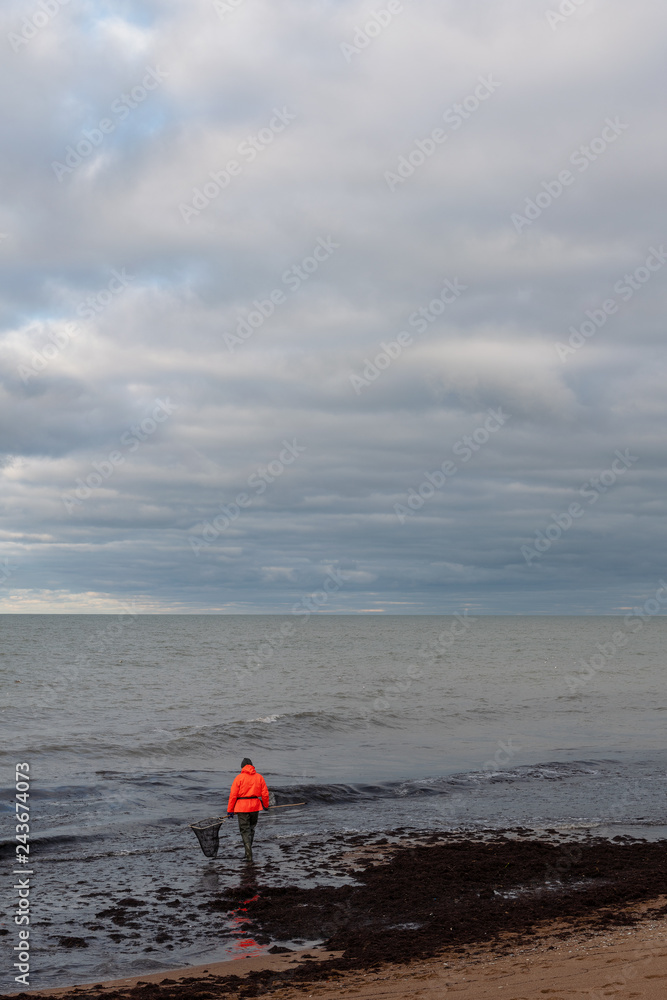 Amber seeker at Baltic sea coast after storm. Amber seeker at Baltic sea coast after storm.