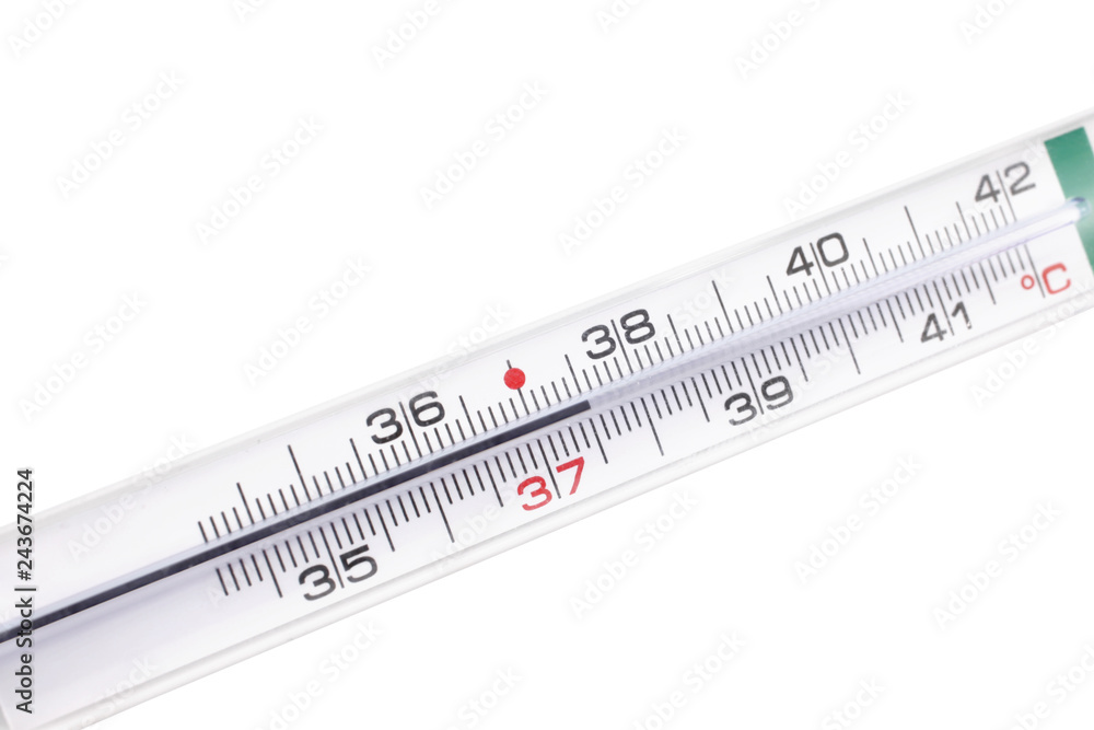 close up on mercury thermometer isolate on white background with clipping path and copy space close up on mercury thermometer isolate on white background with clipping path and copy space