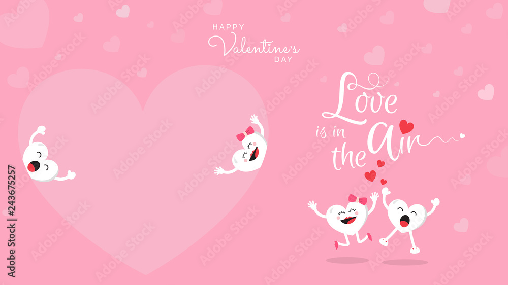 Happy Valentine's day hand lettering love is all around on pink background. Cute heart cartoon and romantic quote postcard, card, invitation, banner template.