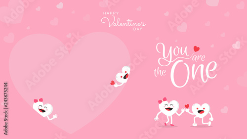 Valentines day background with cute heart cartoon character with calligraphy You are the one. Vector illustration. Wallpaper, flyers, invitation, posters, brochure, banners.