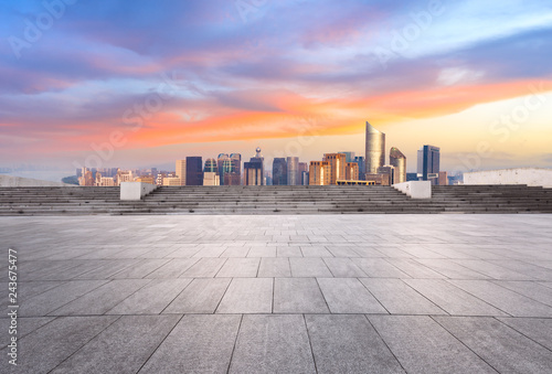 Empty floor and city skyline at sunrise in hangzhou,high angle view