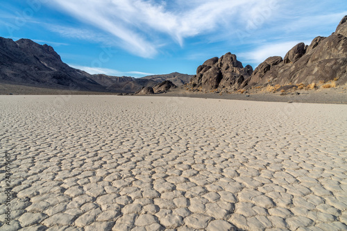 Dry lake bed formed polygon patterns, usually 6 sided, Racetrack Playa and The Grandstand Island, Death Valley National Park, California