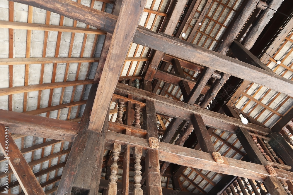 Closeup on technology detail of wood structure skeleton construction of classic old traditional Thai house. Closeup on technology detail of wood structure skeleton construction of classic old traditional Thai house.
