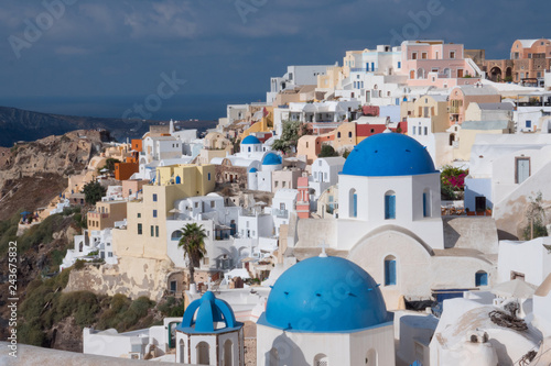 White architecture and famous little churches with blue domes