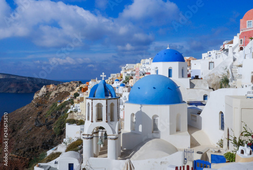 White architecture and famous little churches with blue domes