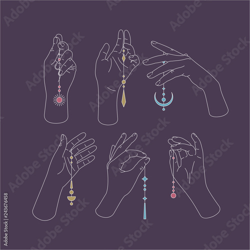 Woman hand set holding minimalist jewelry. Handmade jewelry shop. Feminine illustration. Vector illustration